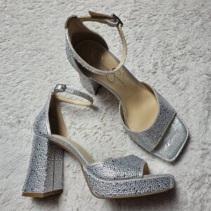 Jessica Simpson Kehlani Sandal Silver Rhinestone Square Toe Block Heel Size 7.5